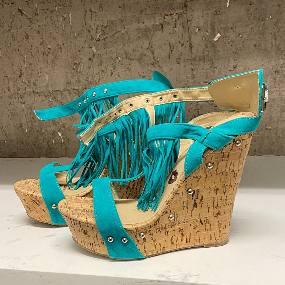 Turquoise Fringe Wedge Sandals